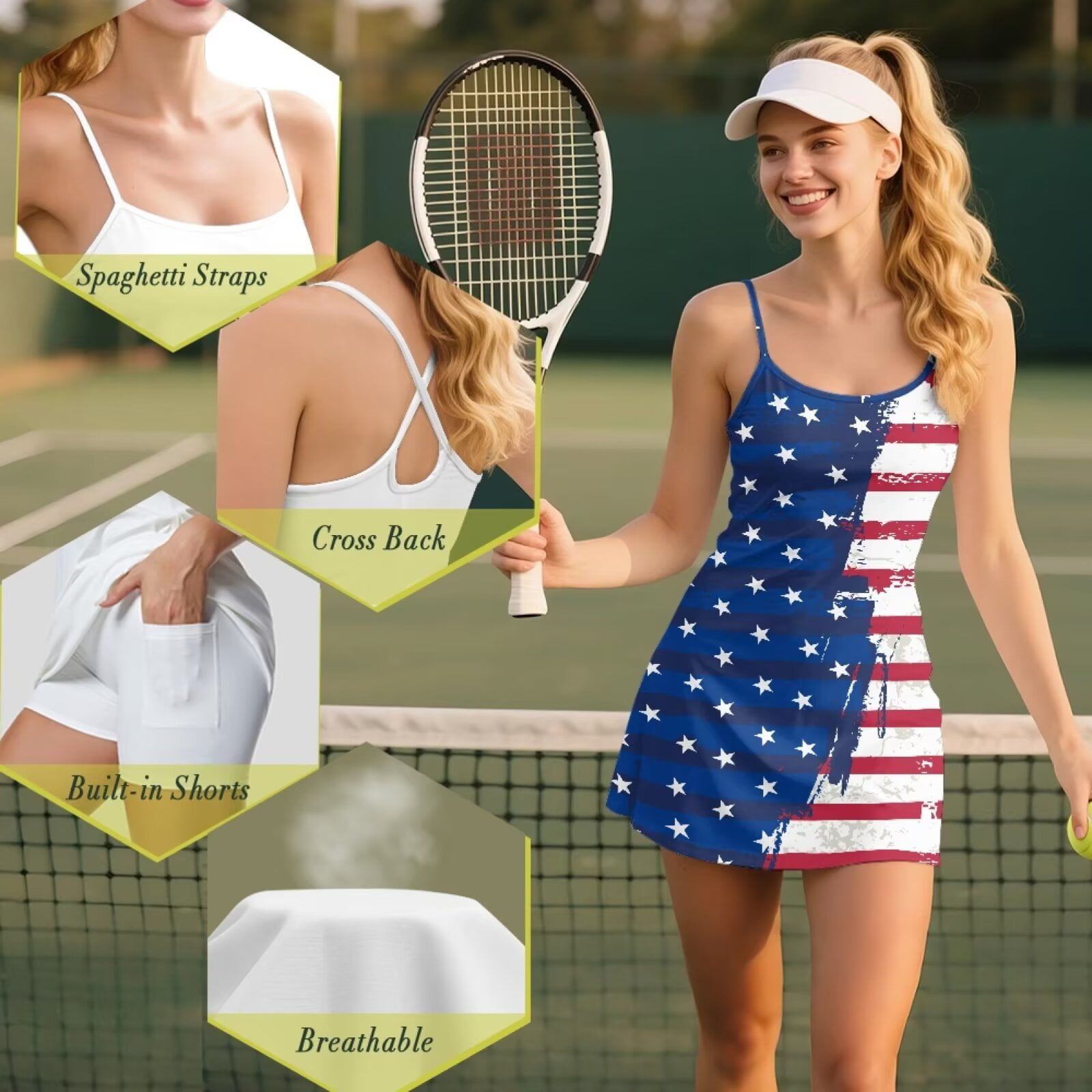 Psesaysky Athletic Dress for Women Patriot Mini Square Neck Sleeveless Built in Shorts with Pockets Tennis Golf Dresses Summer Clothing Blue Red USA Flag Print, Size L