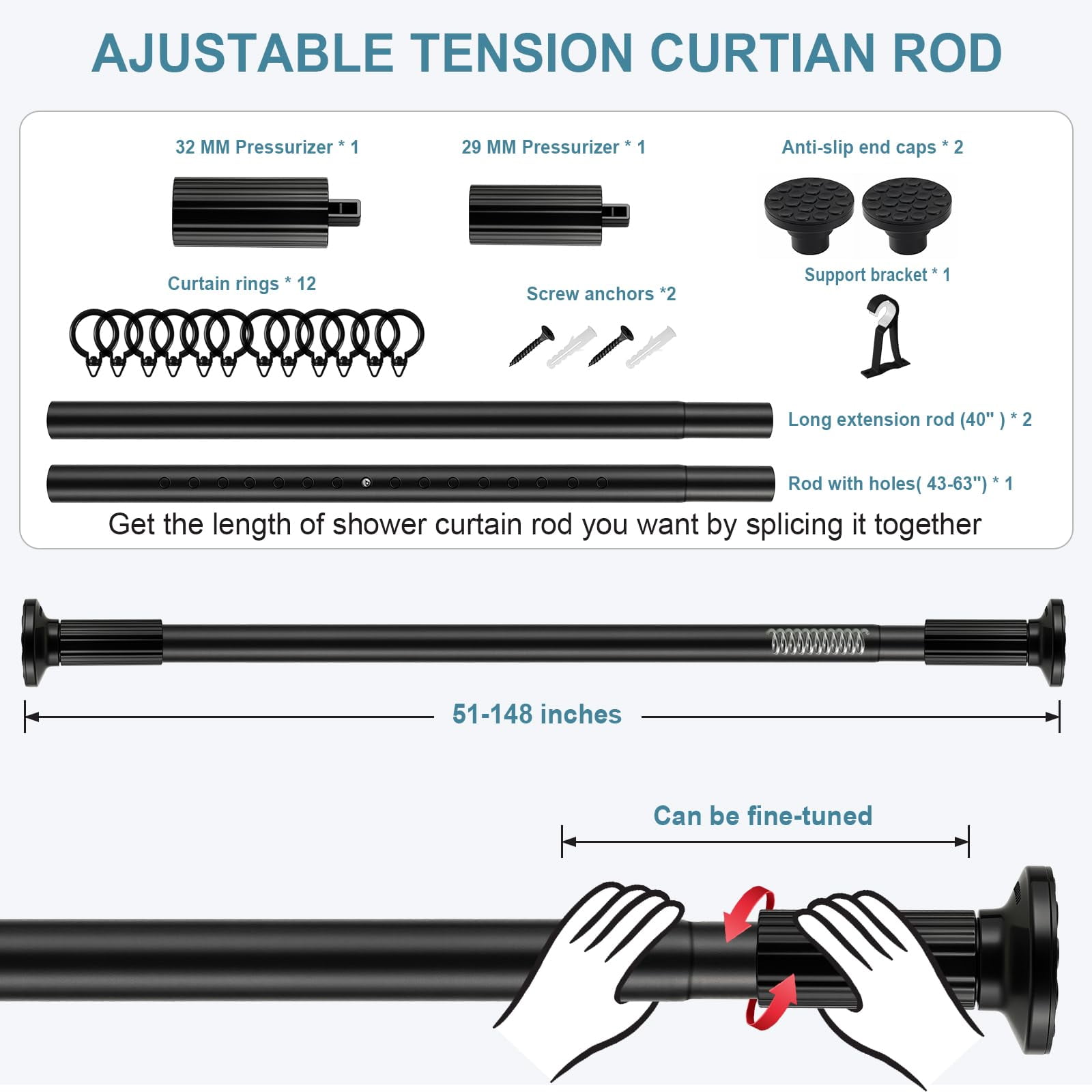 VEGCOO Tension Curtain Rod 51-148 In(4.25-12.33 ft), Rod Rust-free No Drilling Shower Curtain Rod, Outdoor Curtain Rods for Patio for Window Room Divider Closet Rod Adjustable Black