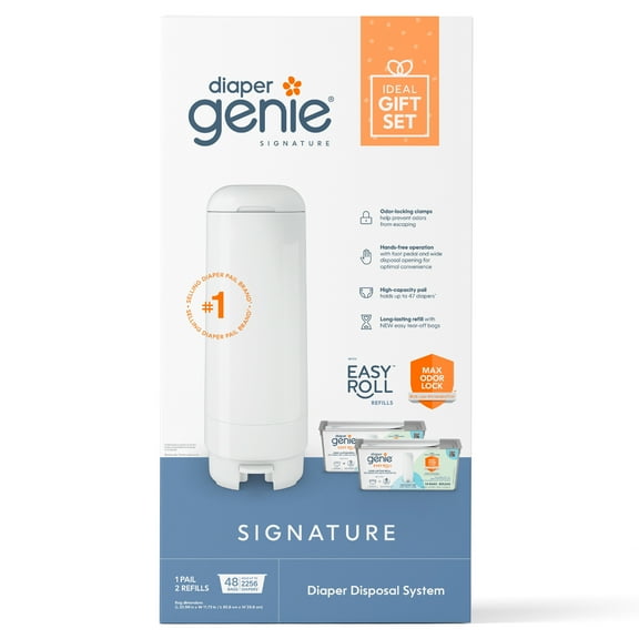 Diaper Genie Signature Gift Set,White, Includes 1 Diaper Pail,1 Easy Roll Refill 48 Bags