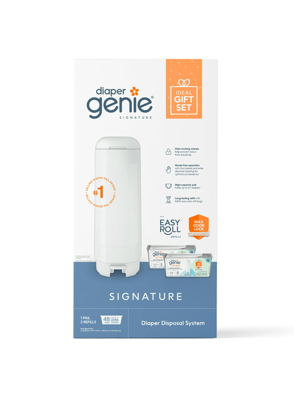 Diaper Genie Signature Gift Set, Pail with 48 Bags, Infant, White