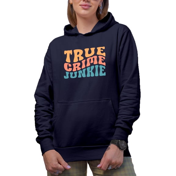 True Crime Junkie, Podcast Lover or Listener, Groovy Retro Wavy Text Merch Gift, Navy Blue Hooded Sweatshirt or Hoodie, Medium