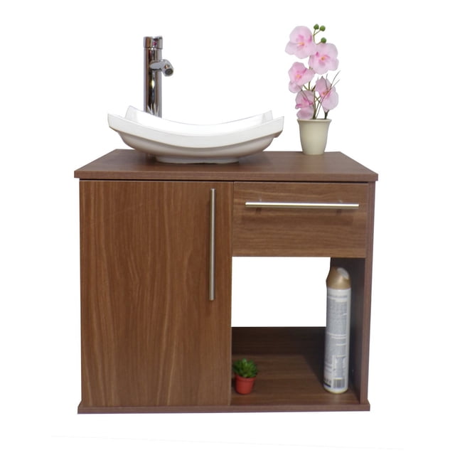 Gabinete para Baño DECOMOBIL con Puerta y Cajón con Lavabo y Monomando Nogal Neo GABINETE 08