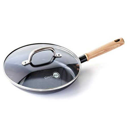 GreenPan Hudson Healthy Ceramic Nonstick, 11" Frying Pan Skillet with Lid, Vintage Wood Inspired Handle, PFAS-Free, Dishwasher Safe, Black