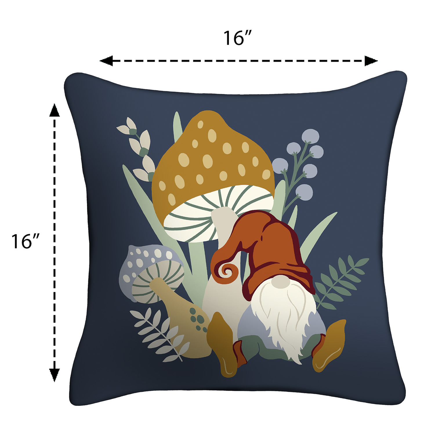 Mainstays 16" x 16" Reversible Gnome Mushroom Decorative Outdoor Throw Pillow, Navy, 1 Count