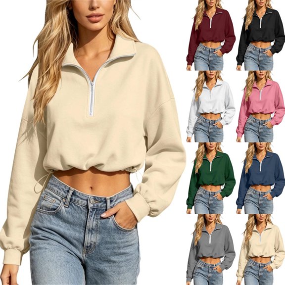 Zeijnsda Womens Crop Sweatshirts Stylish Lapel Half-Zip Short Tops Solid Color Long Sleeves Shirts Sporty Outfits Hem Drawstring Sweatshirts
