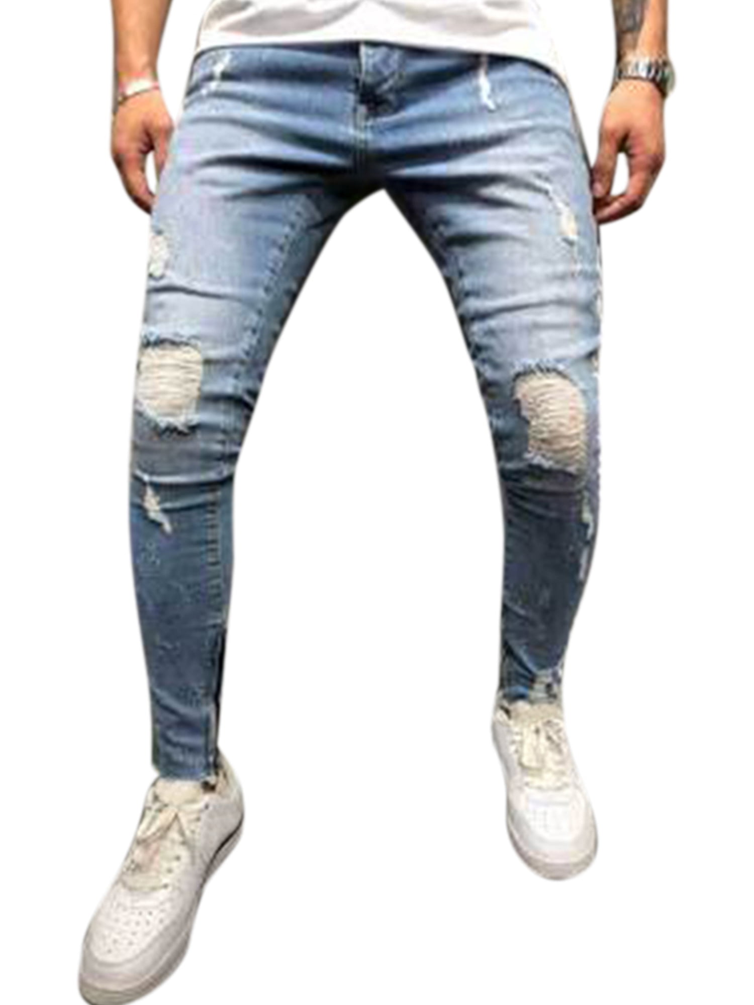 Men's Striped Ripped Skinny Jeans Slim Denim Trousers Summer Casual ...