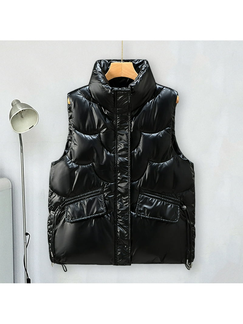 PERZOE Cotton Vest Women Cotton Vest Stand Collar Padded Flap Pocket Thick Sleeveless Keep Warm Soft Smooth Surface Lady Winter Vest Female Clothes