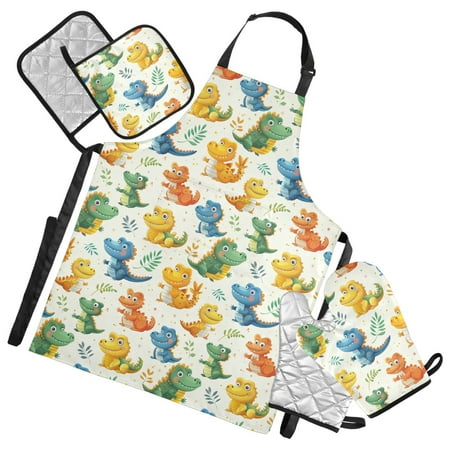 Cartoon Baby Crocodiles 5 Pcs Kitchen Set Heat Resistant Oven Mitts and Non-Slip Pot Holders with Adjustable Cooking Apron