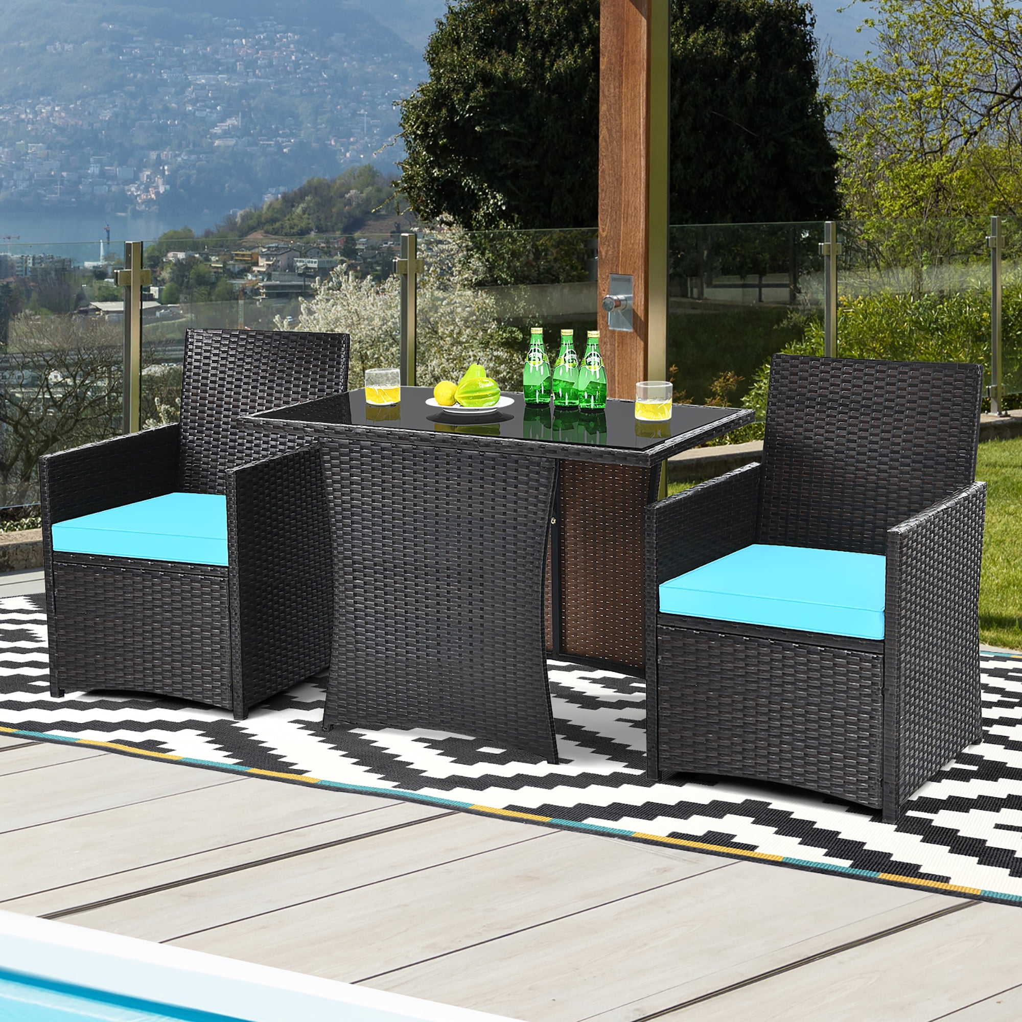 Costway  3PCS Patio Rattan Furniture Set Cushion Sofa Armrest Garden Turquoise