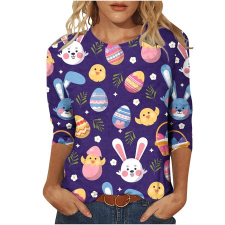 

Clearance Hfyihgf Easter Shirts for Women Easter Eggs Bunny T-Shirt Rabbit Graphic Tees Teen Girls 3/4 Sleeveless Holiday Shirt Tops(Purple XXL)