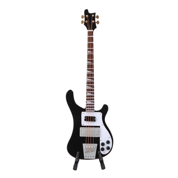 Réplica de bajo en miniatura negro con soporte y estuche, modelo de instrumento, adorno de regalo