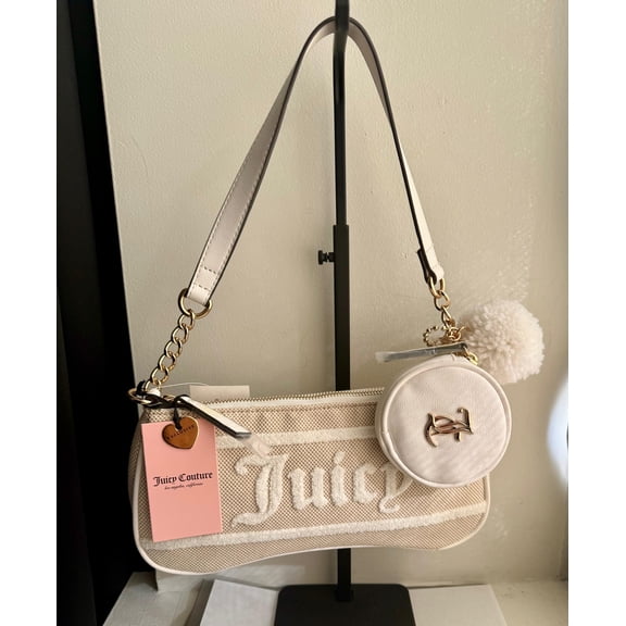 Juicy Couture Fabric Embroidered Logo Shoulder Handbag with Pouch and Pom-Pom Charm, Beige