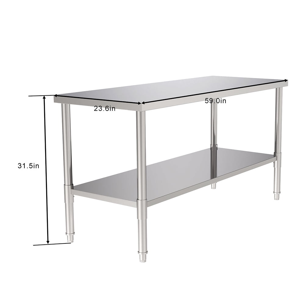 Kepooman Kitchen Modern Stainless Steel Rectangle Table with Shelf for Prep & Work, 24" x 60" Silver Kepooman Kitchen Modern Stainless Steel Rectangle Table with Shelf for Prep & Work, 24" x 60" Silver