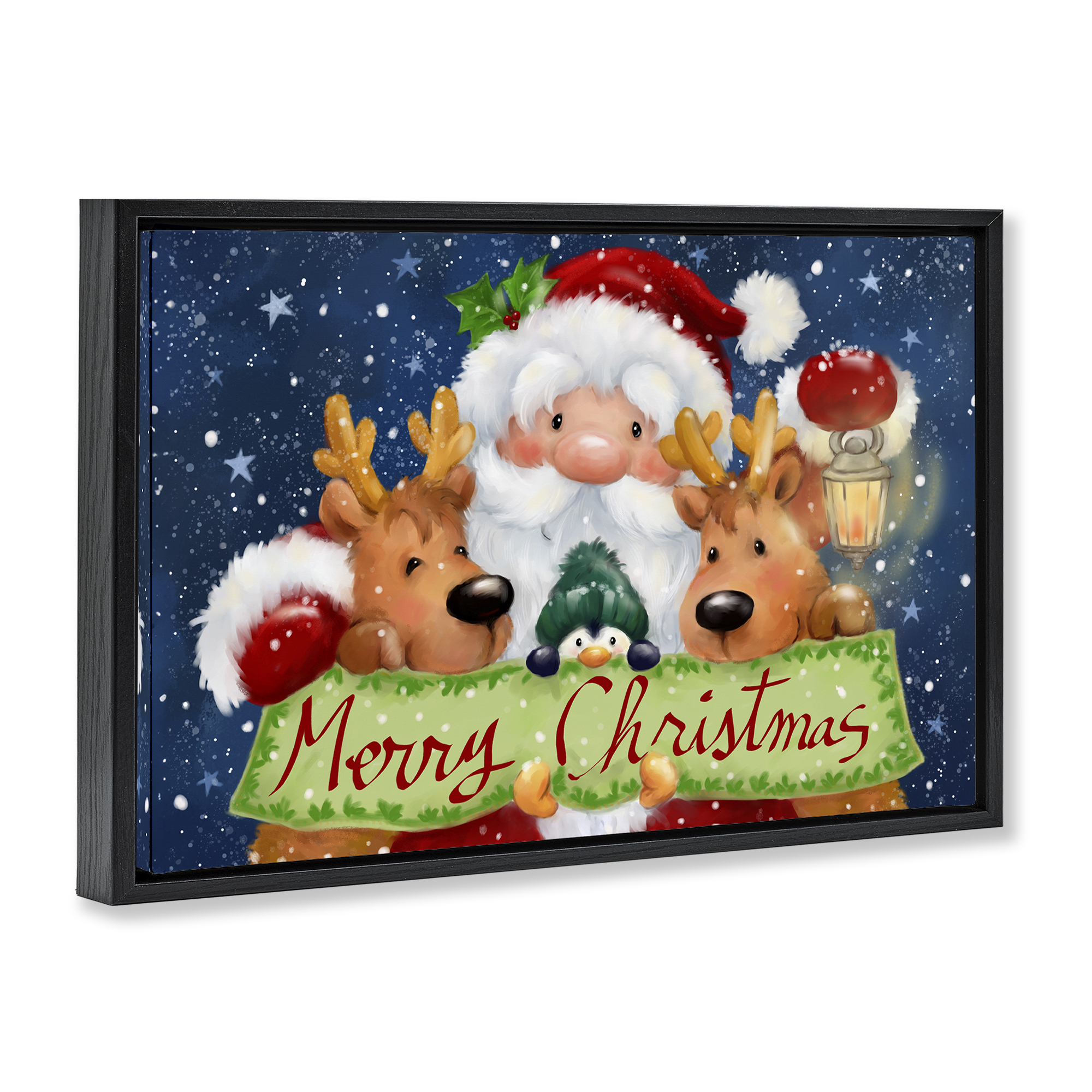 Stupell Industries Santa with Lantern Christmas Holiday Painting Black Floater Framed Canvas Art Prints Wall Art, 25 x 17