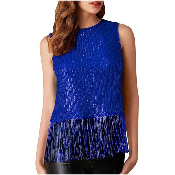 Tank Tops for Women 1PC Set Sparkly Fringe Sleeveless Crewneck Sequin Tassel Club Outfit Women's Summer Tops