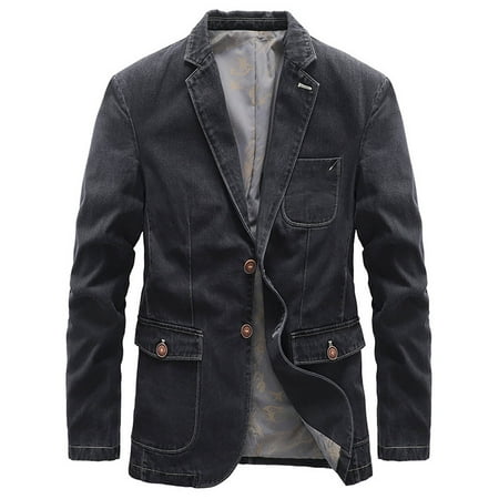 cllios Mens Blazer Vintage Denim Notch Lapel Suit Jackets Solid Color Wash Slim Two Button Blazers Casual Long Sleeve Sport Coat