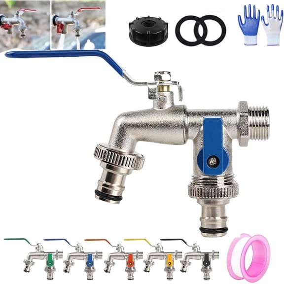 Universal Stainless Steel Double Outlet Garden Water Faucet, 2 Way Heavy Duty Hose Splitter, Double Outlet Outside Tap, for Car Washing, Garde, Washing Machines (Blue)
