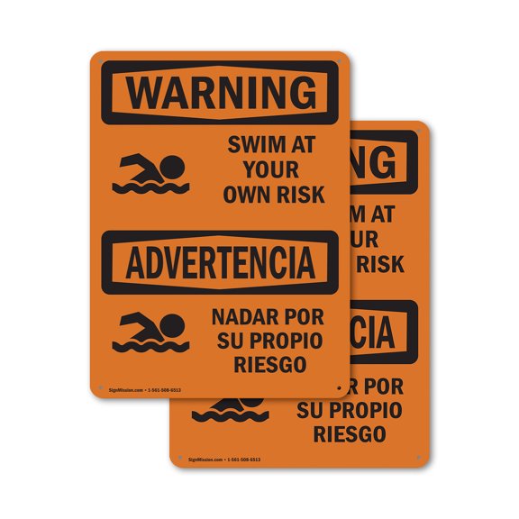 (2 Pack) Swim At Your Own Risk With Symbol Bilingual OSHA Warning Sign 12 Inch X 18 Inch Plastic Sign, Weather Resistant, UV Protected for Workplace, Business, and Construction Site,