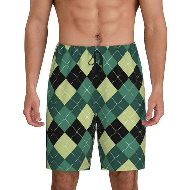 Balery Green Squares Pantalones cortos de pijama de punto de algodón para hombre con cinturilla y bolsillos-Medium