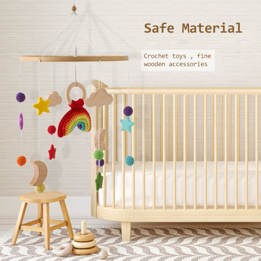 Wooden Baby Crib Bell – Rotating Wind Chime Mobile with Crochet Rainbow & Rocket Pendants, Soothing Hanging Toy for Newborns & Infants