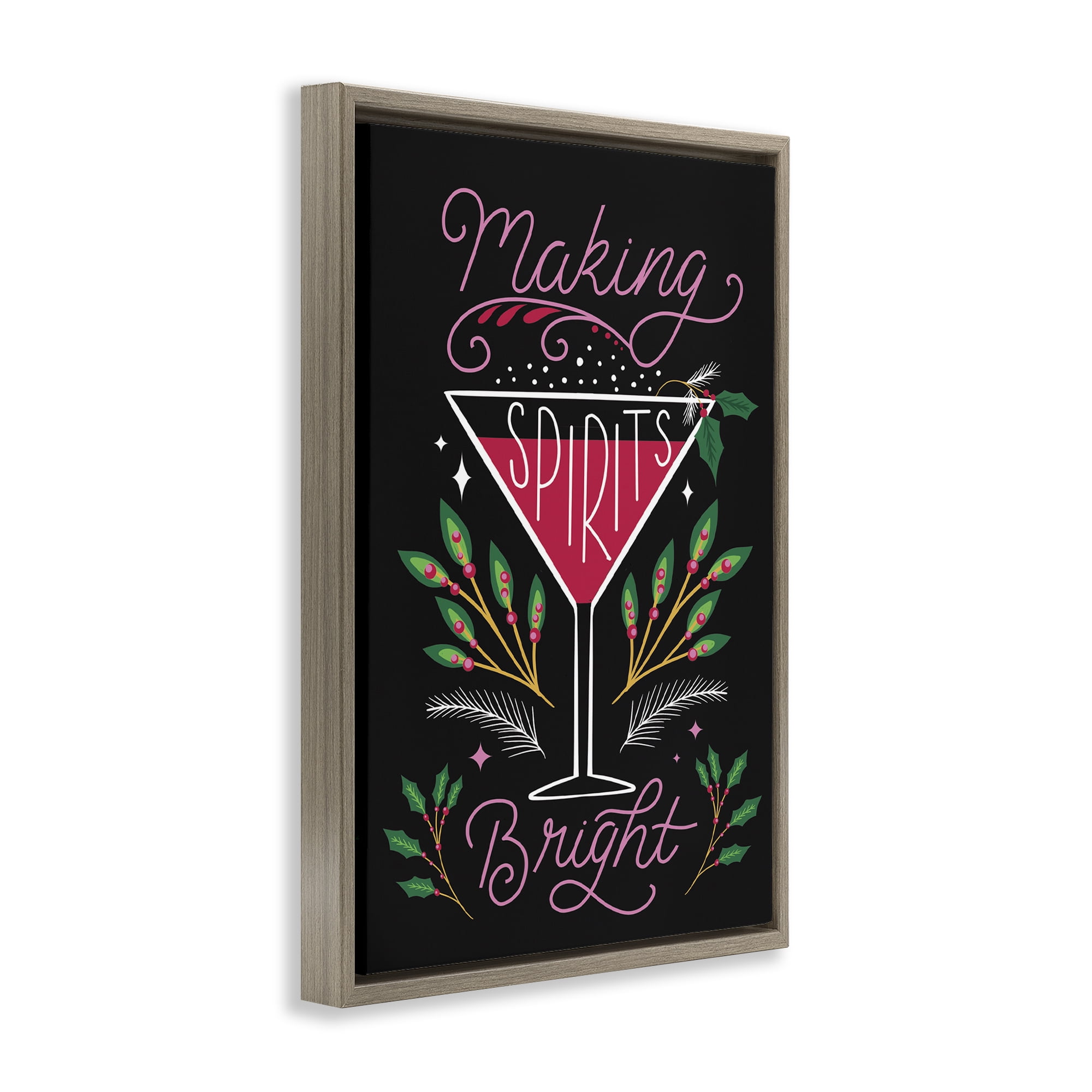 Stupell Industries Making Spirits Bright Martini Holiday Painting Brown Floater Framed Canvas Art Prints Wall Art, 17 x 25