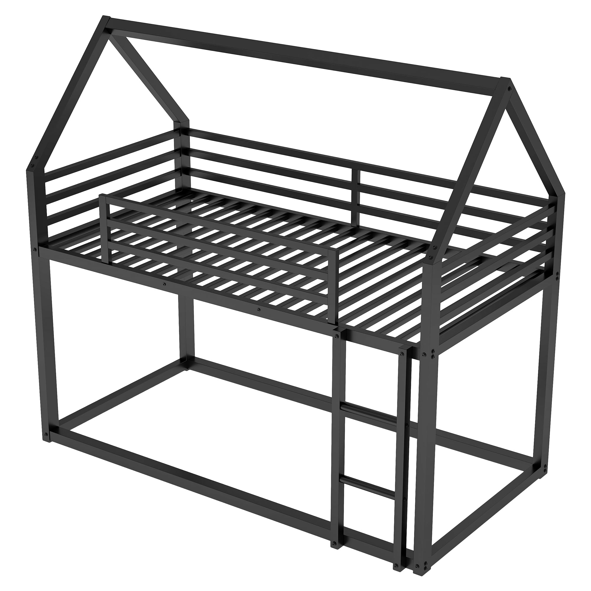Euroco Twin Over Twin House Bunk Bed with Built-in Ladder for Kids Teens, Black