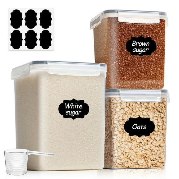 Flour Sugar Storage Containers Set of 3 (5.2L/166oz) (2.5L/78oz*2), Large Airtight Food Storage Containers with Lids, Plastic Canisters Sets for Kitchen, Pantry Organizers for Rice and Baking