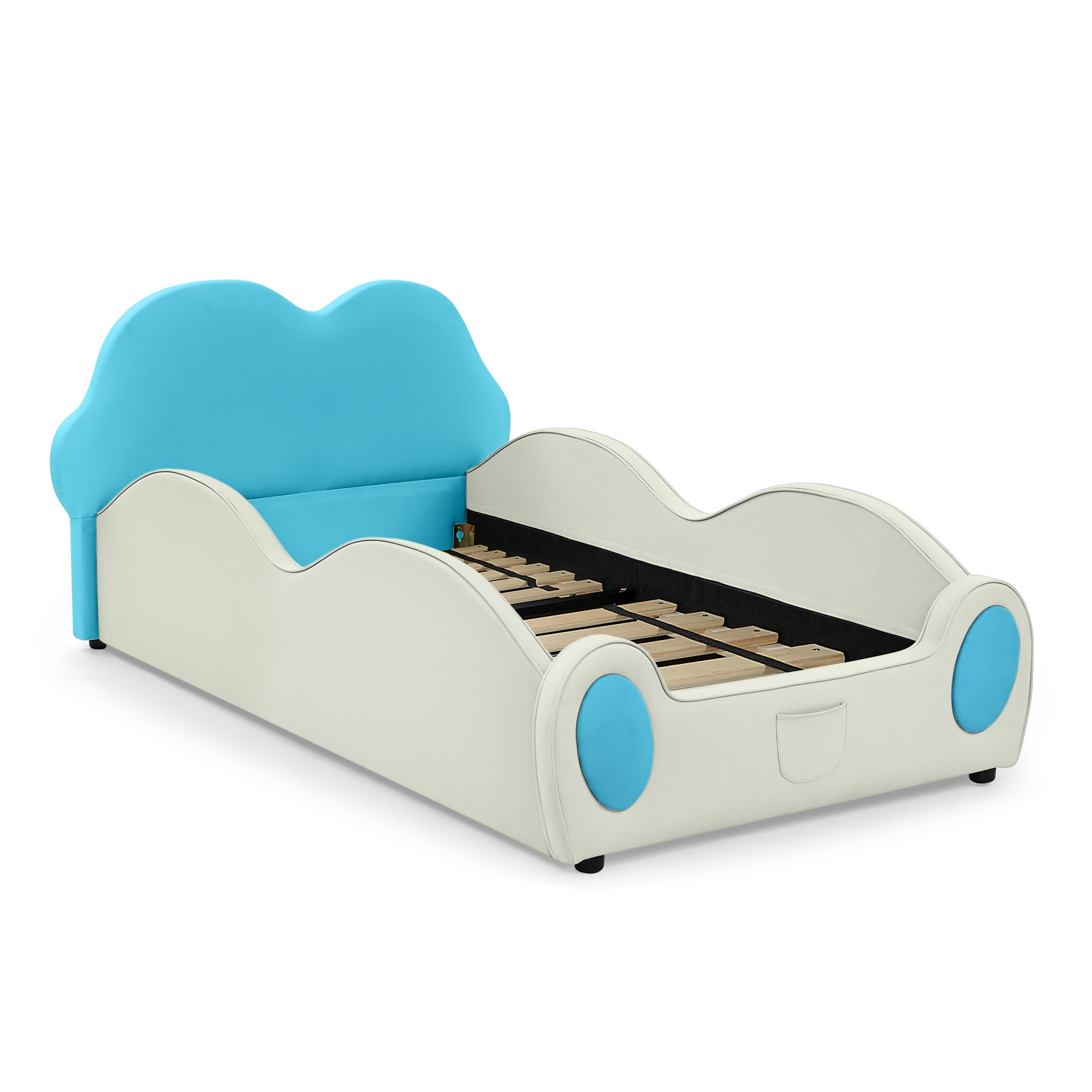 Noble House Mavor Twin Size Cute Cloud PU Leather Kids Bed with Guardrails, Cartoon Safety Toddler Bed, Blue & Beige