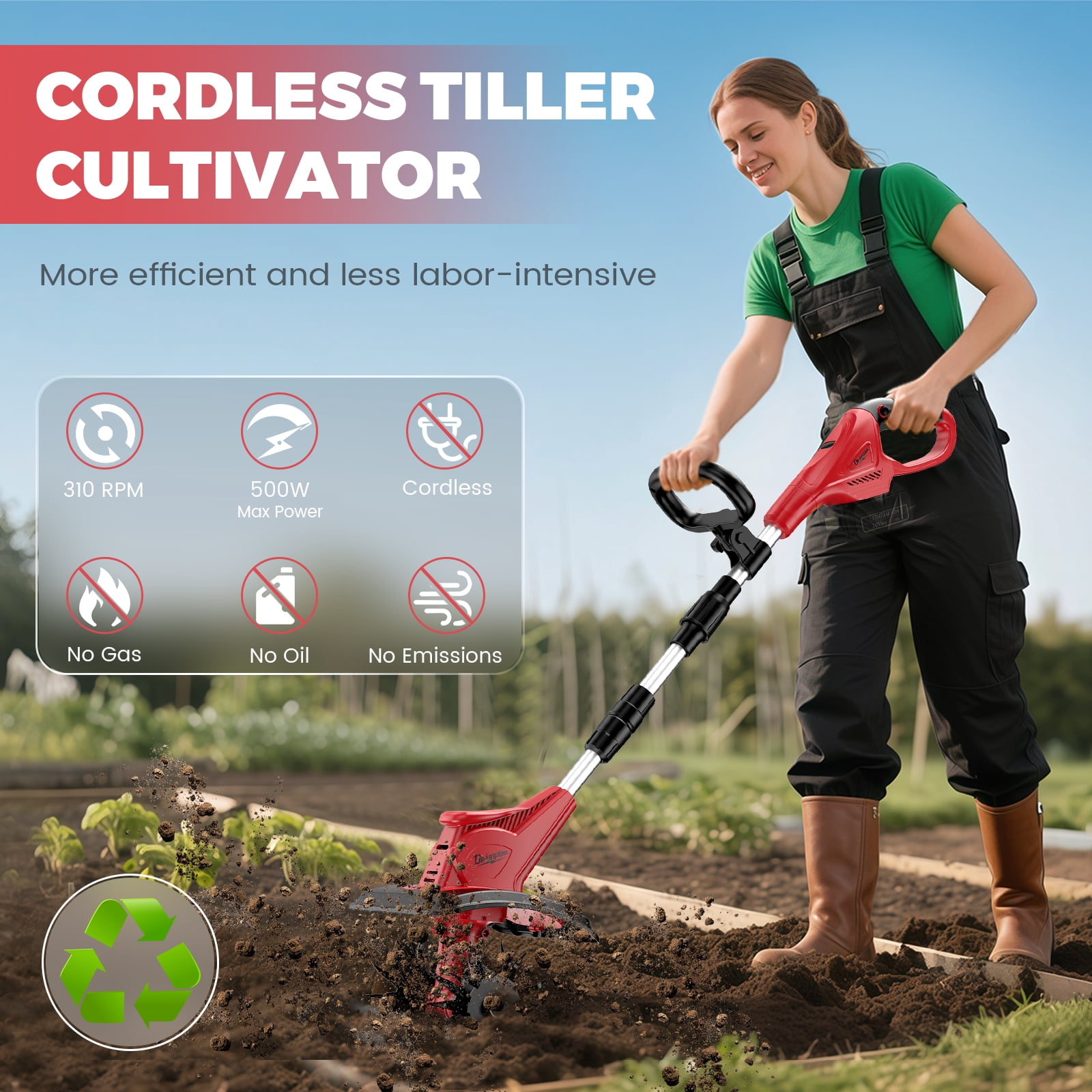 Cordless Tiller Cultivator Compatible with Milwaukee 18V Battery(Tool Only, Not battery), 310RPM Electric Rototiller Garden Tools with 40 Steel Tines, 9.1In Tilling Width & 6.3In Depth Tiller