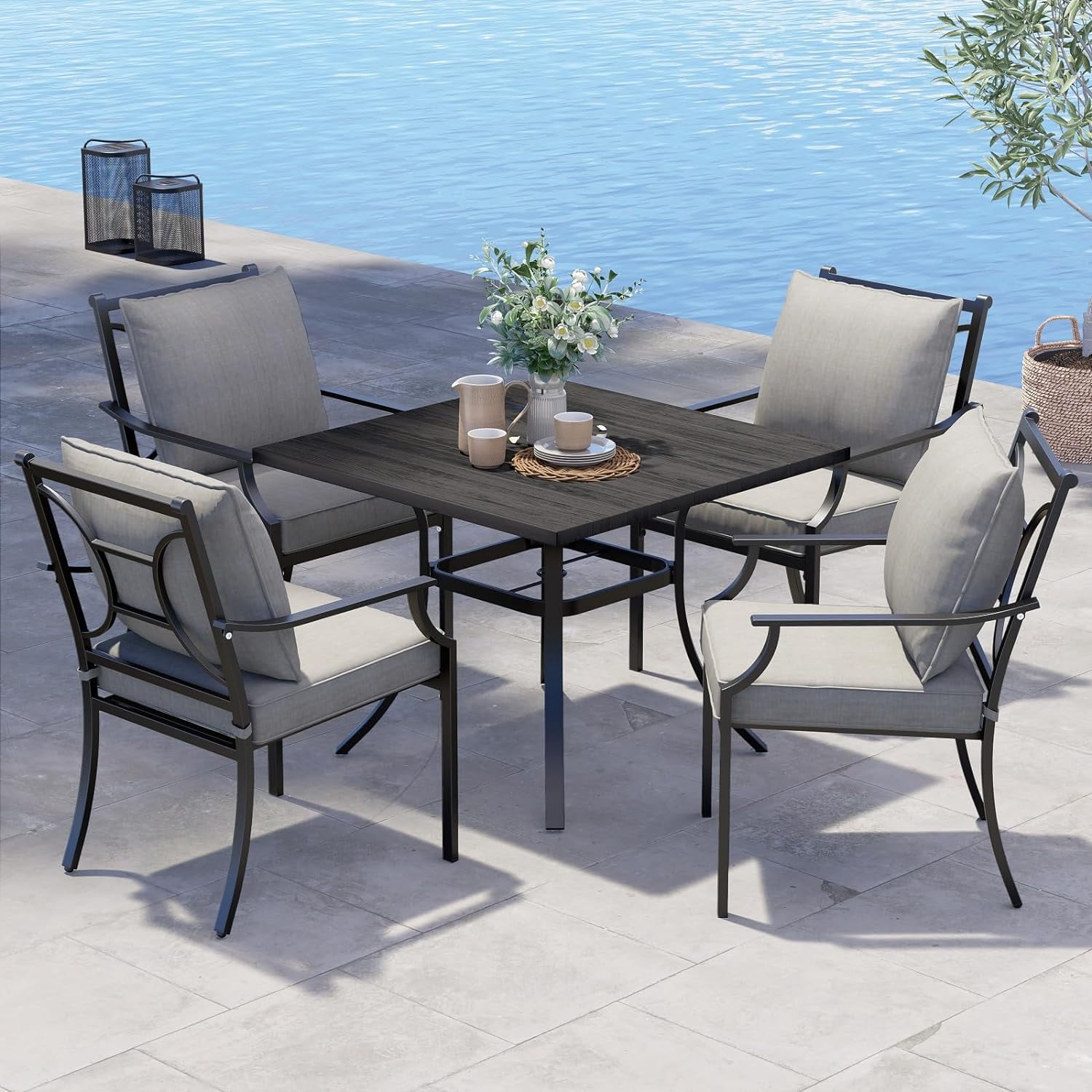 Grand Patio 2-Piece Outdoor Dining Chairs Patio Fixed Dining Chair Set of 2 All-Weather Steel Frame with Removable Grey Olefin Cushions