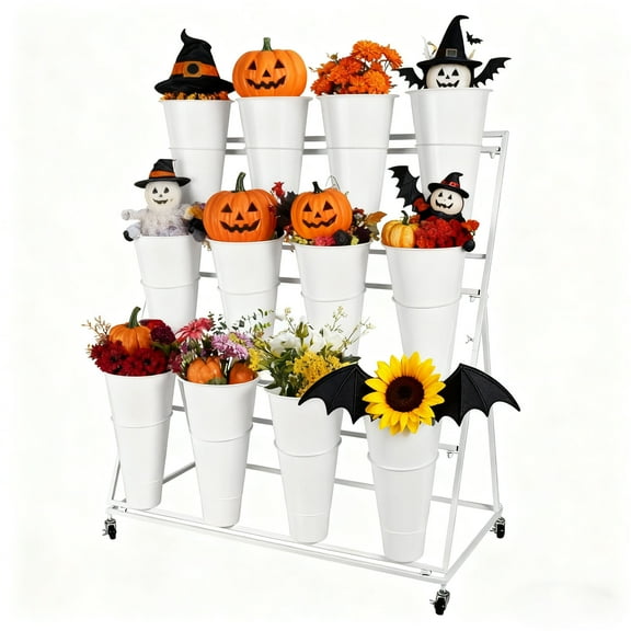 Flower Display Stand with Wheels, 3-Layer Metal Floral Display Stand,Florist Bouquet Shelf With 12 Buckets,for Outdoor Patio, Market Stall, Living Room,Wedding