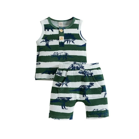 

Calsunbaby 2Pcs Baby Boys Summer Outfits Dinosaur Print Button Front Sleeveless Tank Tops Shorts Set Clothes Green 2-3 Years
