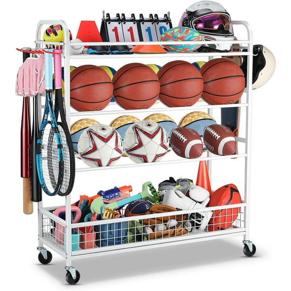 Garage Sports Equipment Organizer - Rolling Ball Storage Bin with Wheels, Garage Sports Gear Rack Outdoor Basketball Racks for Balls with Baseball Bat Holder and Hooks, Toy Organizer(White)