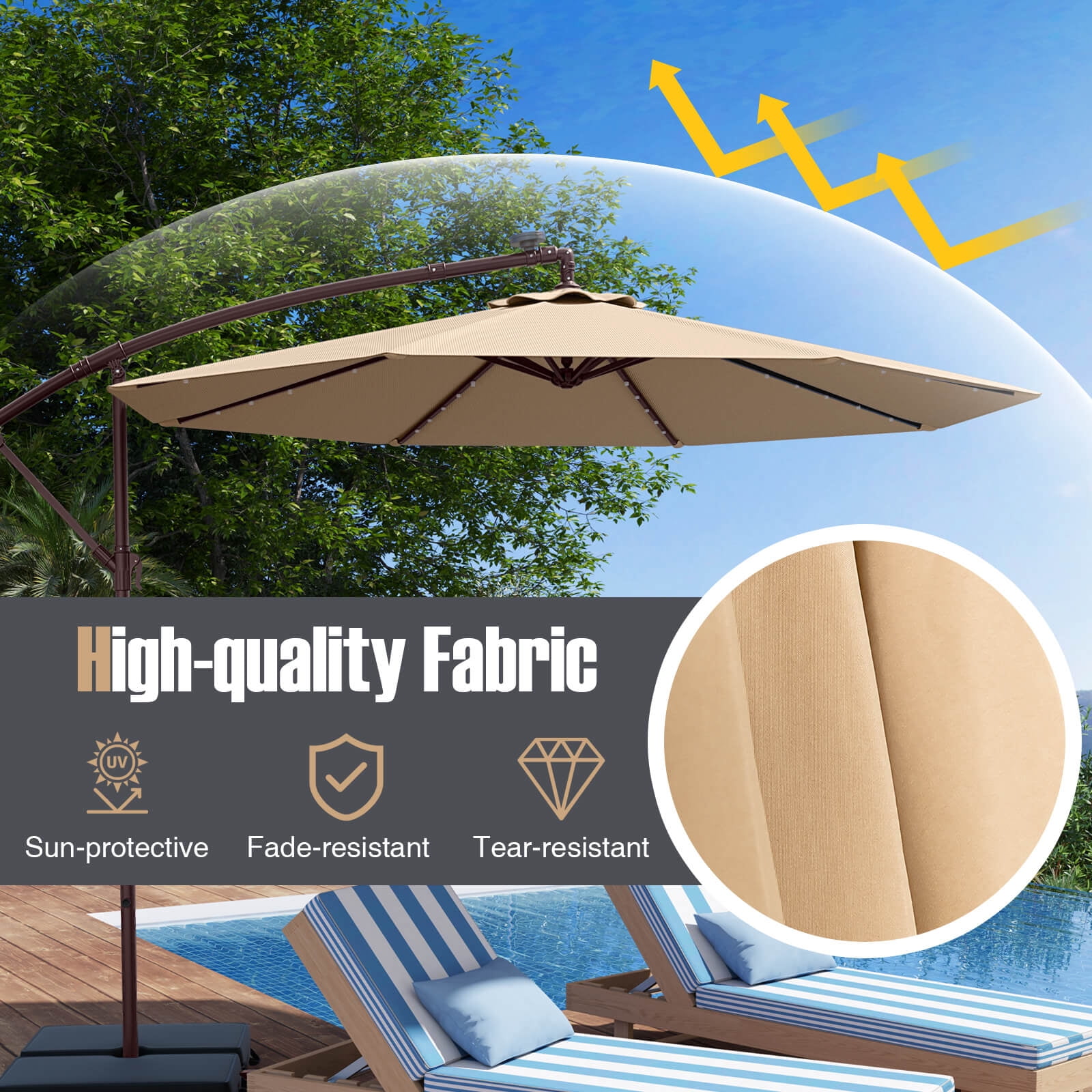 Costway Patio 10FT Hanging Offset Umbrella 32 LED Lights Sand Bag Outdoor Cross Base