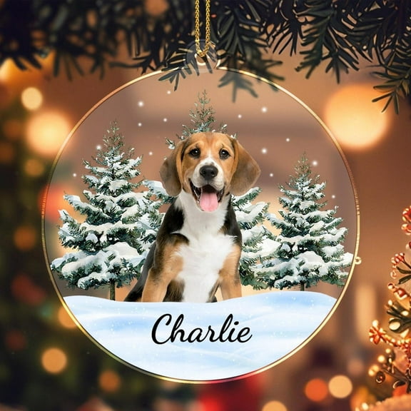 Adorable Dog in Snowy Forest, Personalized Acrylic Ornament with Pet Name, Custom Christmas Keepsake, Holiday Gift for Dog Lovers