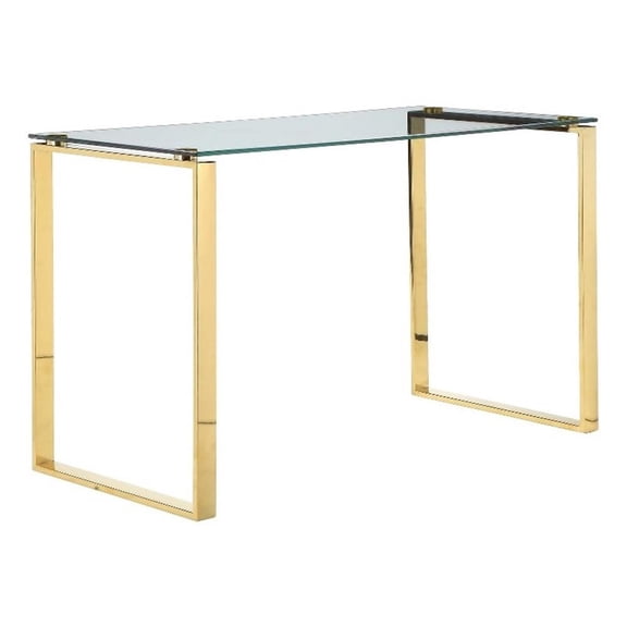 Benjara 47" Modern Office Desk- Clear Tempered Glass- Gold Sled Steel Frame