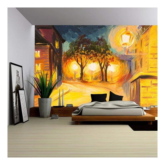 wall26 - Oil Painting - Evening Street in Paris, View, European - Removable Wall Mural | Self-Adhesive Large Wallpaper - 66x96 inches