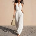 thumbnail image 2 of biudgviw Women's Halter Jumpsuits Casual V Neck Sleeveless Ruched Rompers Elastic Waist Wide Leg Jumpsuit with Pockets, 2 of 7