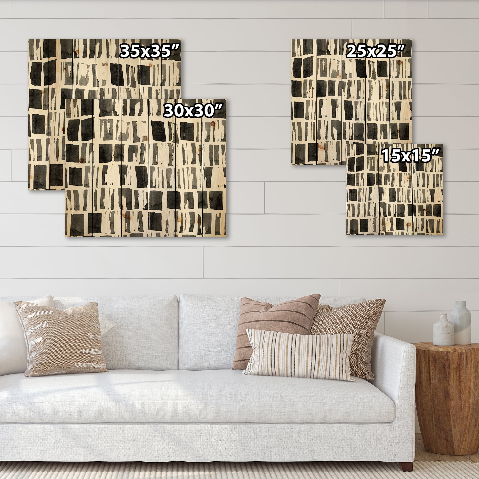 Designart 'Abstract Black and White Bricks' Modern Print on Natural Pine Wood