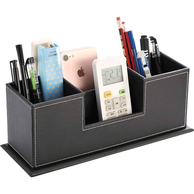 PU Leather Double Pen Holder for Desk Organizer Pen Holder, Business Card, Remote Control Holder, Coins, Keys, Phone, Ruler, Pencil, Sharpener, Desktop Box Stationery Storage Office Supplies,Black