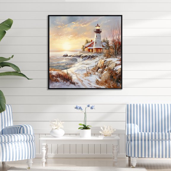 Designart "Winter Charm Of Coastal Lighthouse I" Beach Light House Floater Framed Canvas Art Print