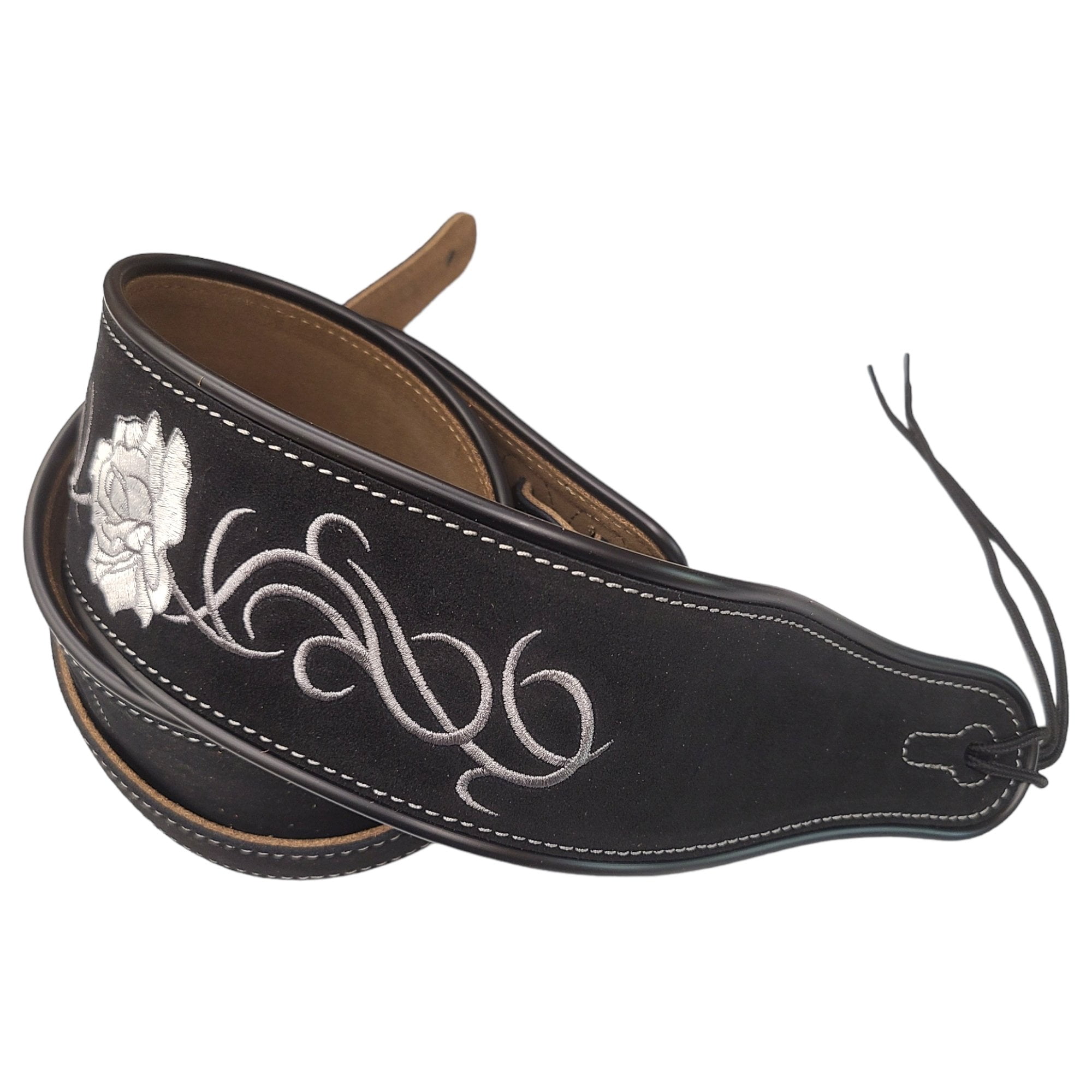 Leather Strap Acoustic Electric Guitar Bass Black Brown Notes Wide Thick Padded Black Suede Flower