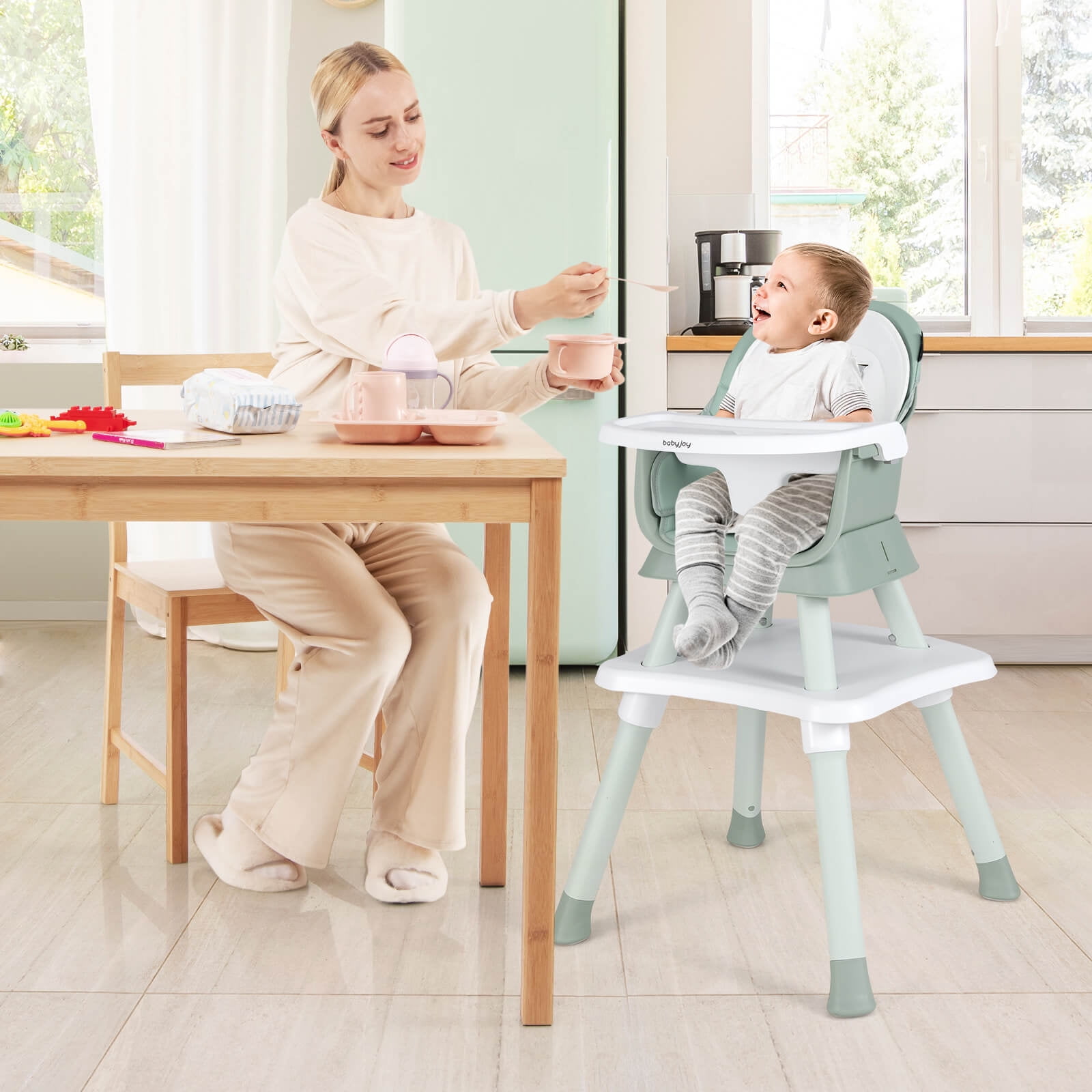 Babyjoy 8-in-1 Baby High Chair with  Double-layer Cushions Multifunctional Toddler Green