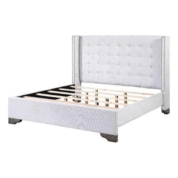 Benjara Eastern King Bed with Fabric Upholstery and Tufting- Beige