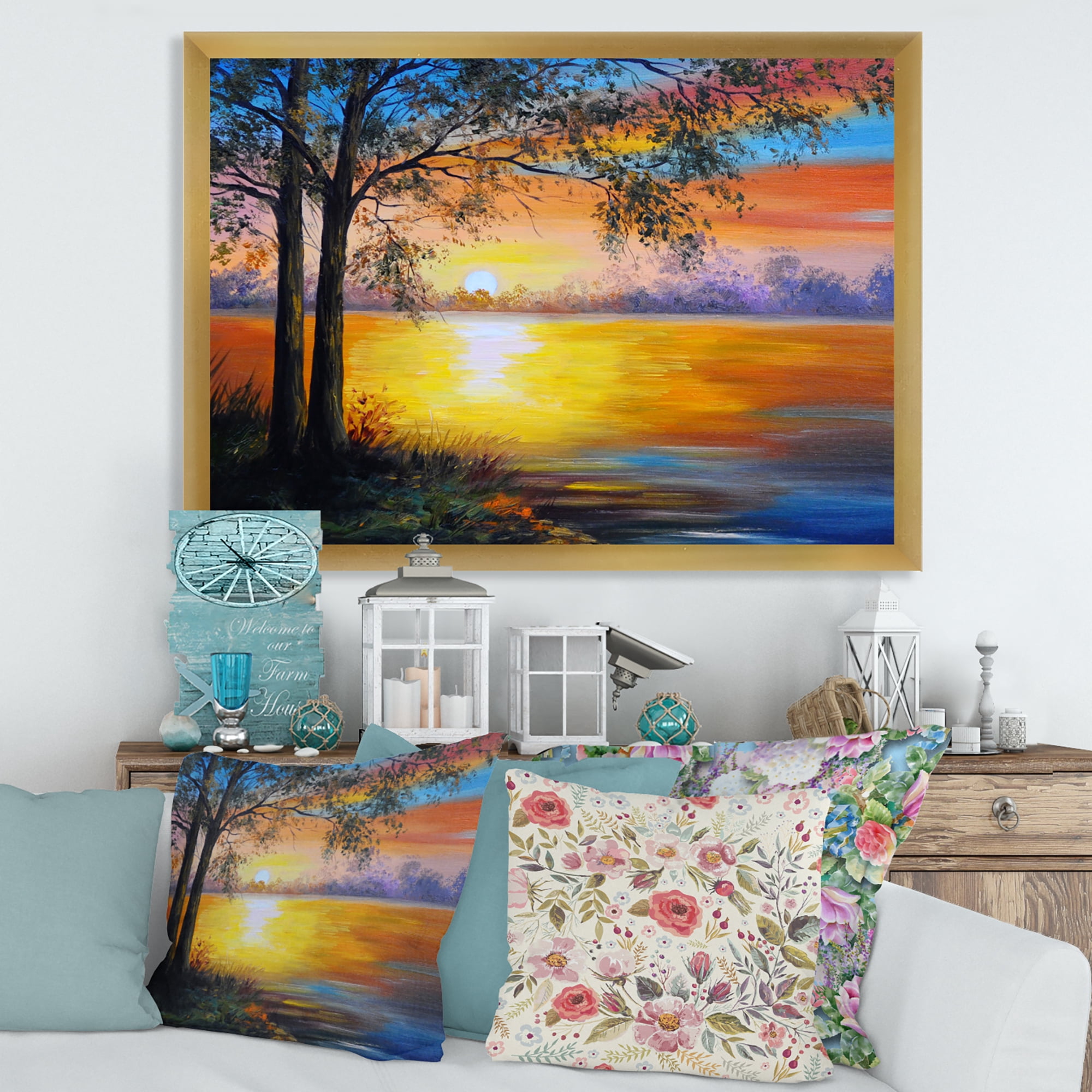 Designart 'Tree Near The Lake in Evening' Traditional Framed Art Print