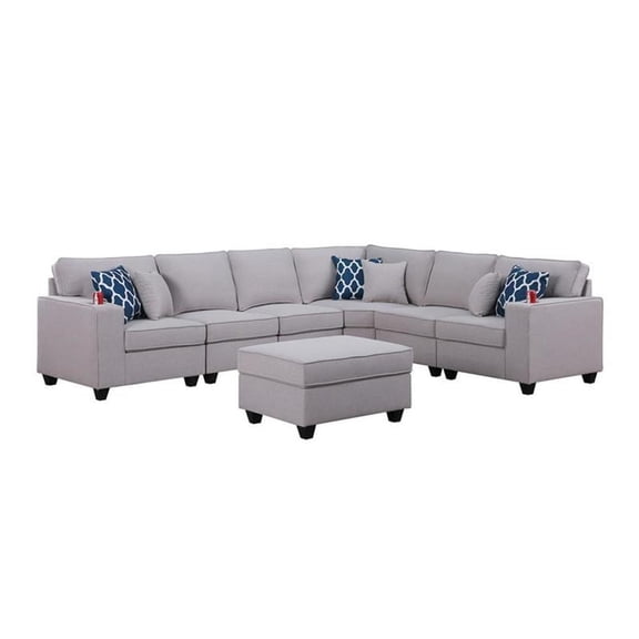 Cooper Light Gray Linen 7Pc Reversible L-Shape Sectional Sofa with Ottoman and Cupholder