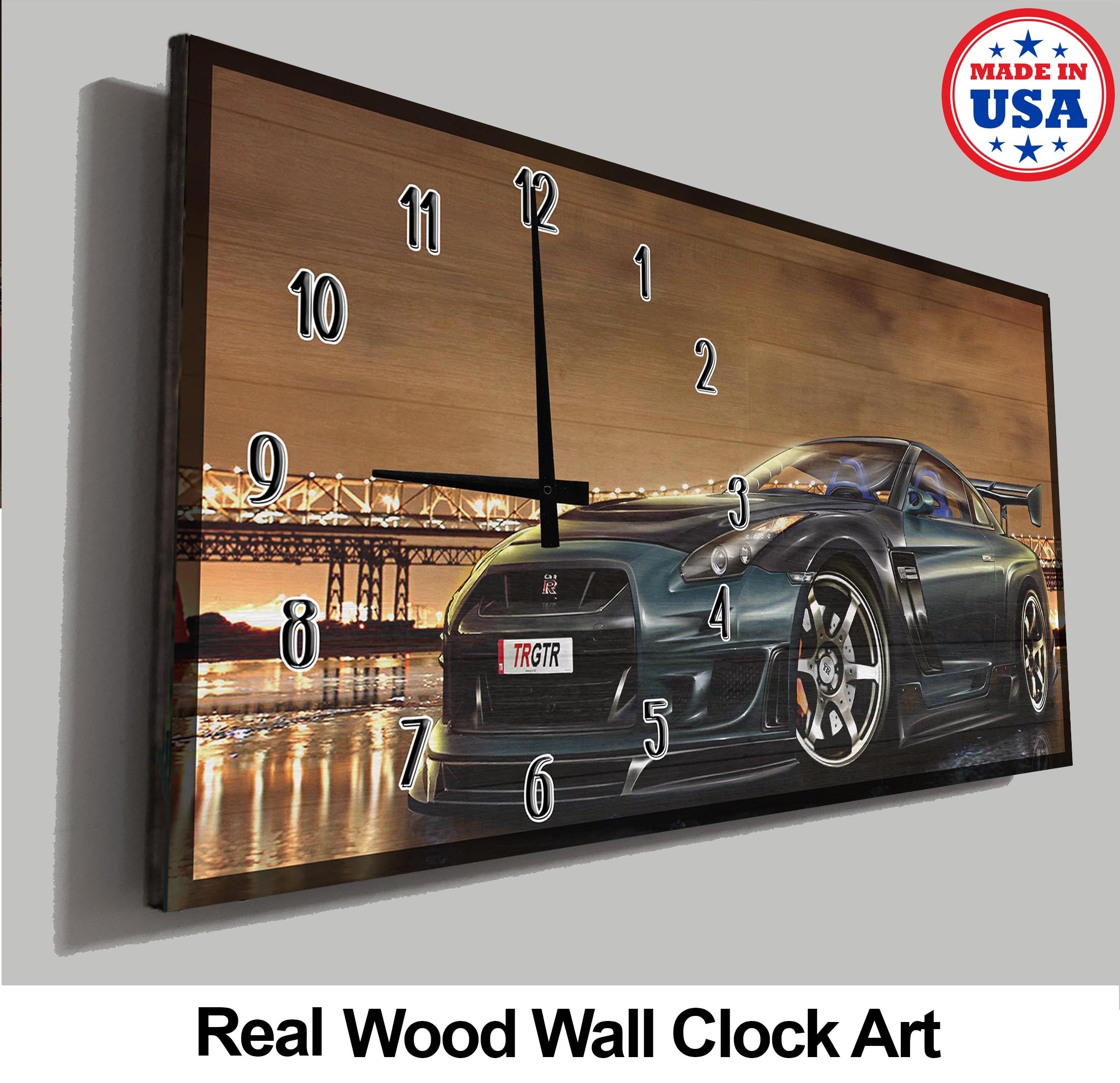 Car Wall Clock Cool Green Sports Car Cityscape Nighttime Man Cave Wall