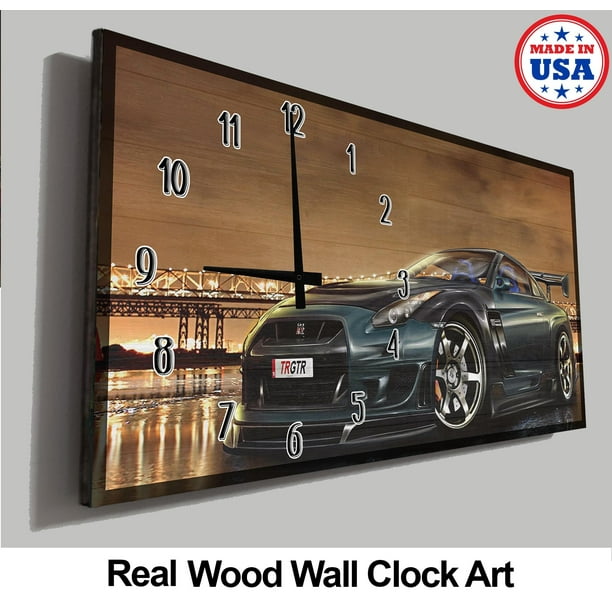 Car Wall Clock Cool Green Sports Car Cityscape Nighttime Man Cave Wall Clock Wood Wall Decor