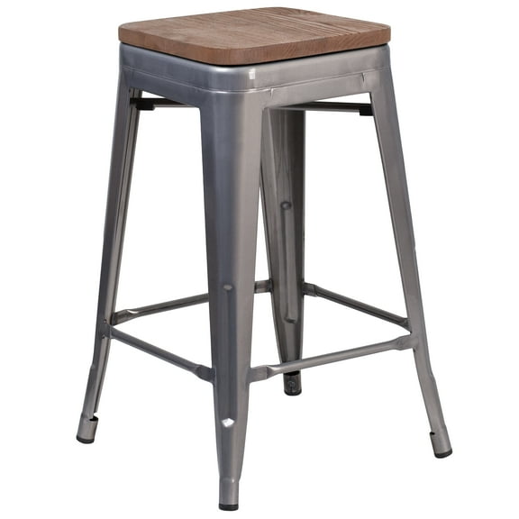 Emma   Oliver 24"H Backless Clear Coated Metal Counter Stool with Wood Seat