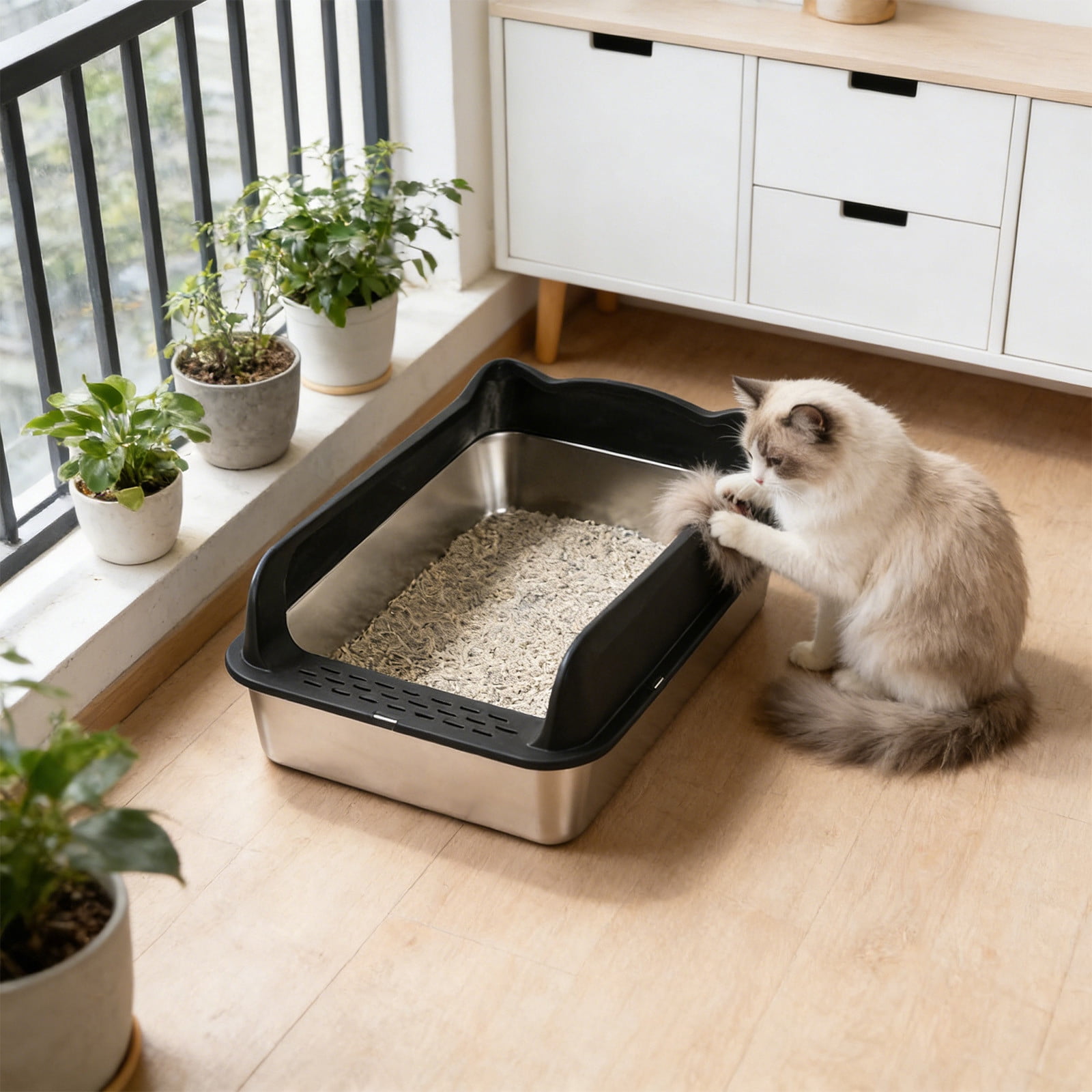 Stainless Steel Semi Enclosed Cats Litter Box High Wall Oppose Scatter Odor Control Kitty Litter Pan Non Slide Base Foolproof Clean Designs Black